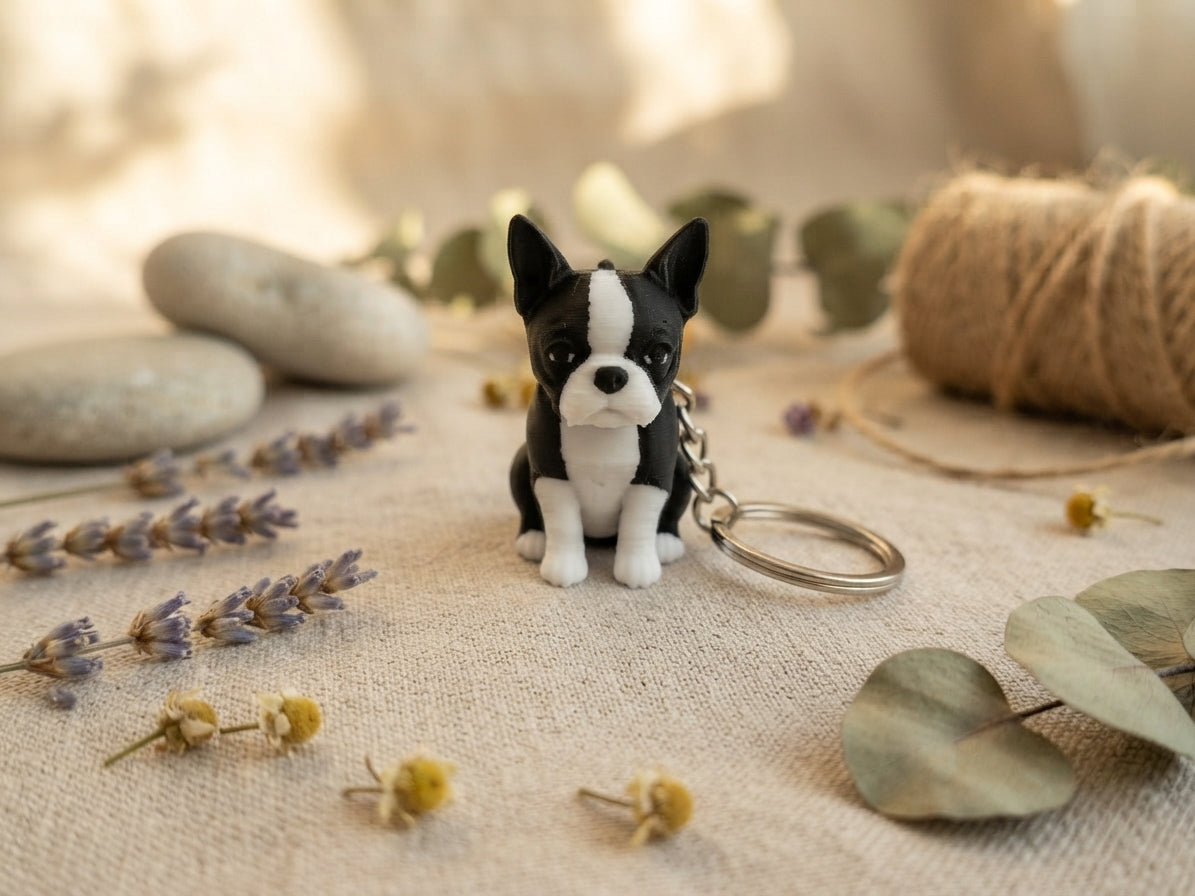 Boston Terrier Schlüsselanhänger aus PLA – sitzende Hundefigur schwarz-weiß mit charakteristischer Zeichnung und Metallring, 3D-Druck von fks-design
