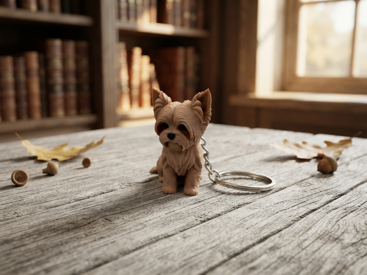 3D Druck Schlüsselanhänger Yorkshire Terrier beige aus PLA mit Metallring – Herbst-Setting von fks-design
