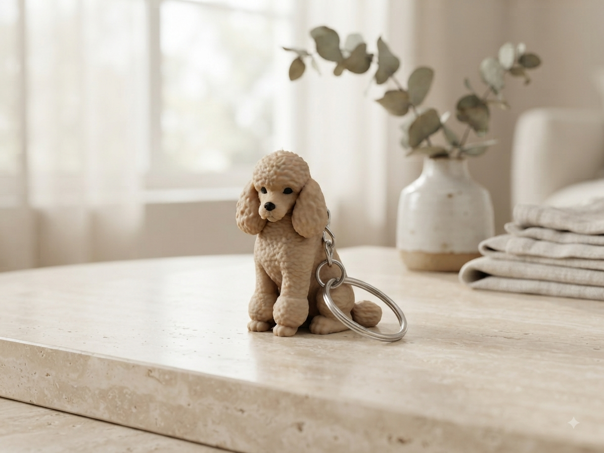 3D Druck Schlüsselanhänger Pudel beige aus PLA mit Metallring – Seitenansicht von fks-design
