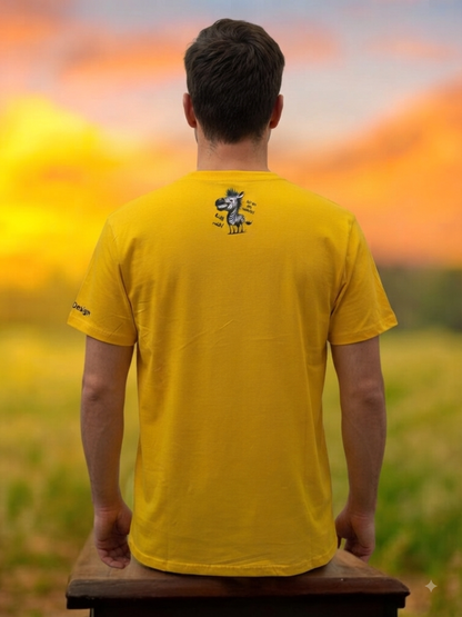 Unisex T-Shirt Küss mich Einhorn gelb – Witziges Zebra-Motiv Rückenprint bei Sonnenuntergang von fks-design
