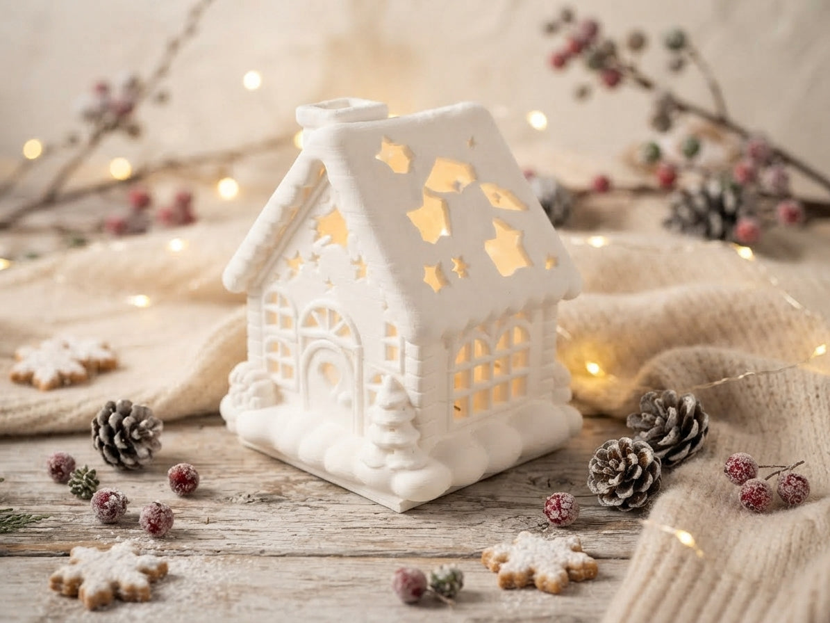 Weißes Weihnachtshaus mit beleuchteten Sternenausschnitten im Dach, umgeben von Tannenzapfen und Weihnachtsdeko von fks-design
