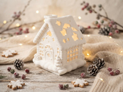 Weißes Weihnachtshaus mit beleuchteten Sternenausschnitten im Dach, umgeben von Tannenzapfen und Weihnachtsdeko von fks-design
