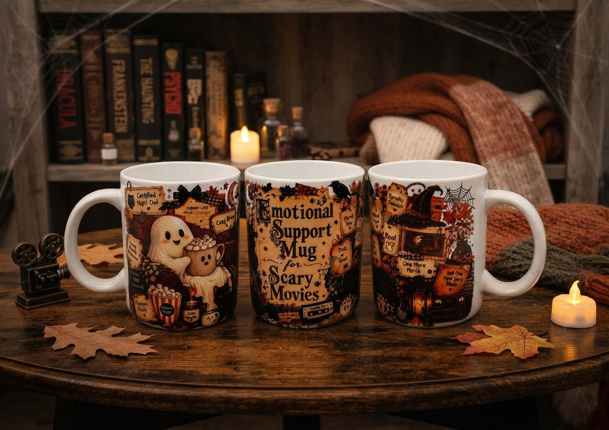 Keramiktasse Halloween Movie Night 300ml, drei Ansichten mit Emotional Support Mug for Scary Movies Motiv, Geister & Herbstdeko – von fks-design
