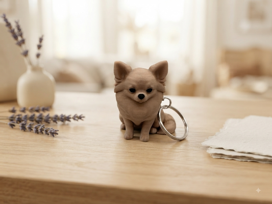 3D Druck Schlüsselanhänger Chihuahua beige aus PLA mit Metallring – Frontansicht von fks-design
