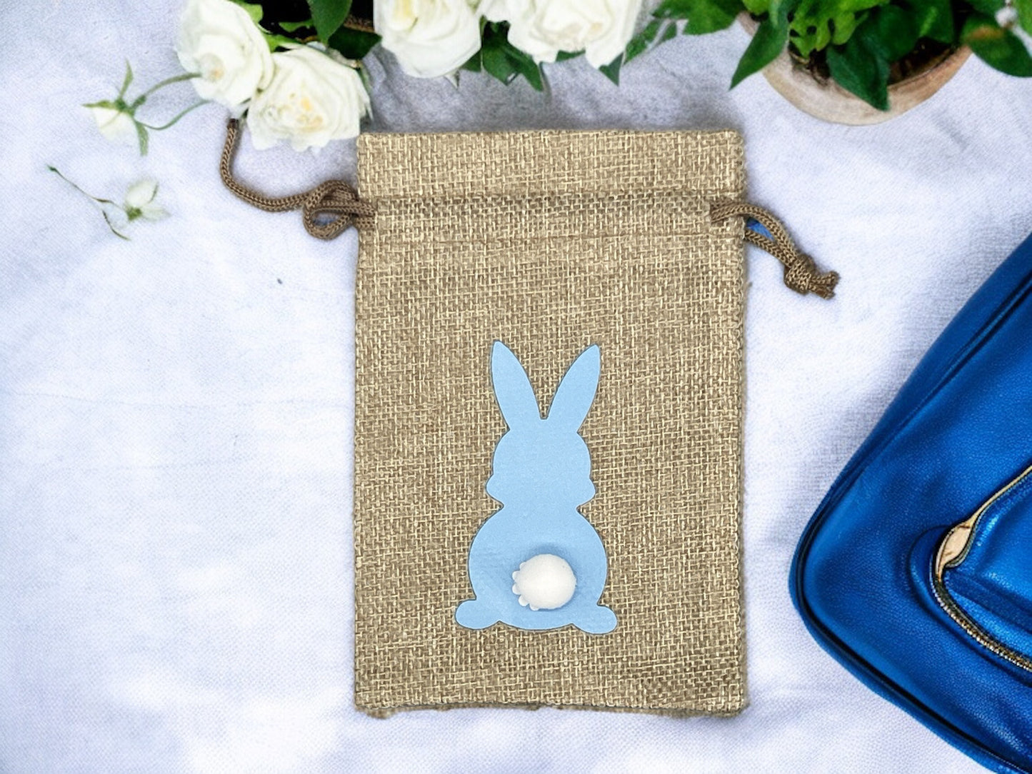 Ostersäckchen mit Häschendruck Kordelzug 10x15 cm in Blau – Osterbeutel Baumwolle/Leinen von fks-design
