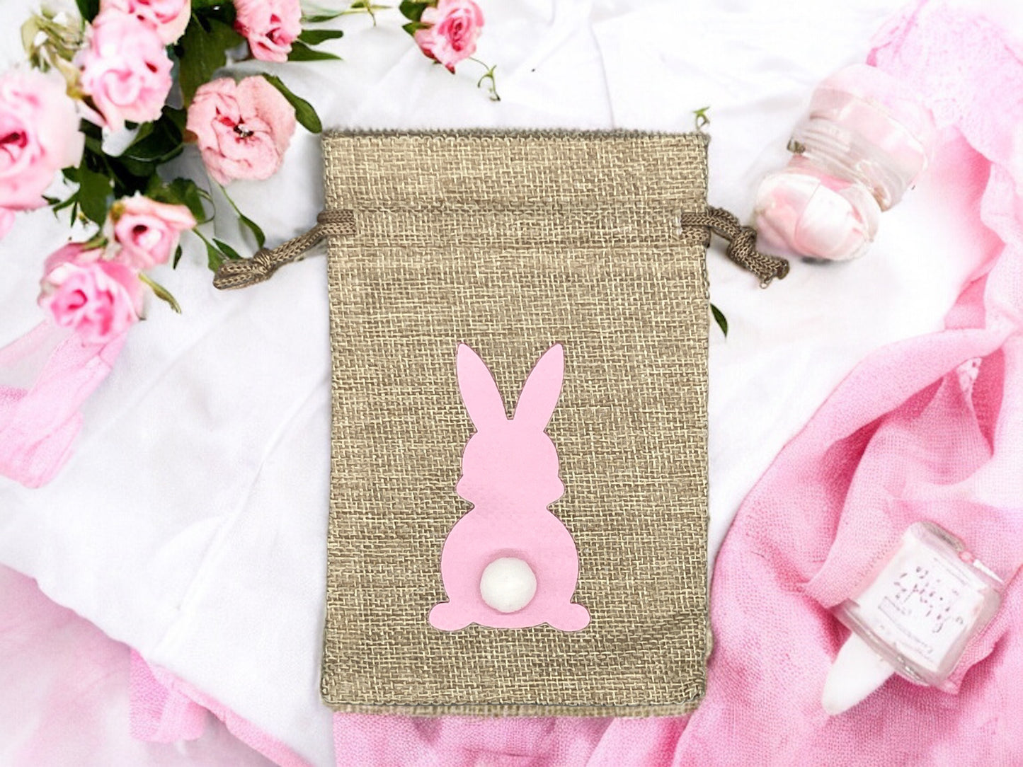 Ostersäckchen mit Häschendruck Kordelzug 10x15 cm in Rosa – Osterbeutel Baumwolle/Leinen von fks-design
