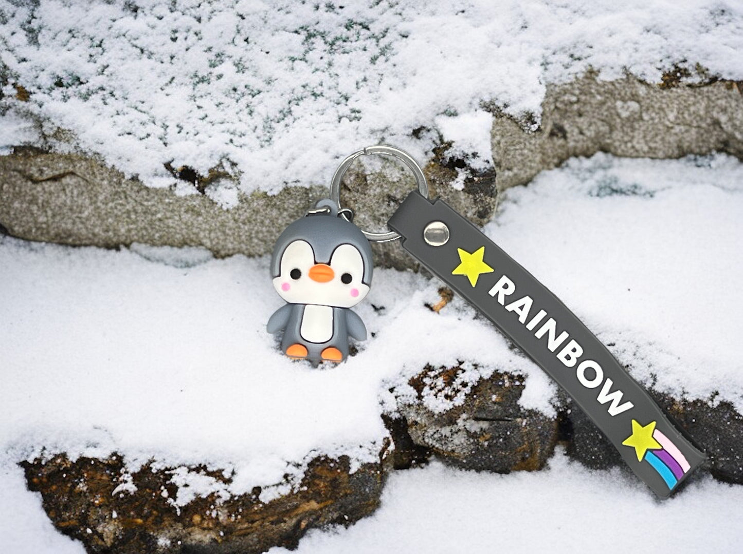 Schlüsselanhänger Pinguin Weichgummi Grau mit Schlüsselring von fks-design
