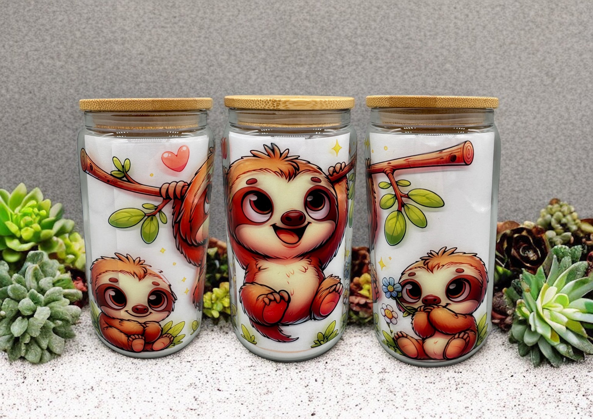 Trinkglas Faultier Babys 550ml mit Bambusdeckel und Trinkhalm Sublimationsdruck von fks-design
