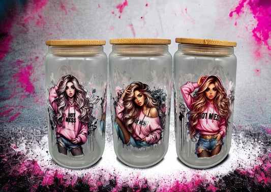 Trinkglas Hot Girl 1 550ml mit Bambusdeckel und Trinkhalm UV-DTF Motiv von fks-design
