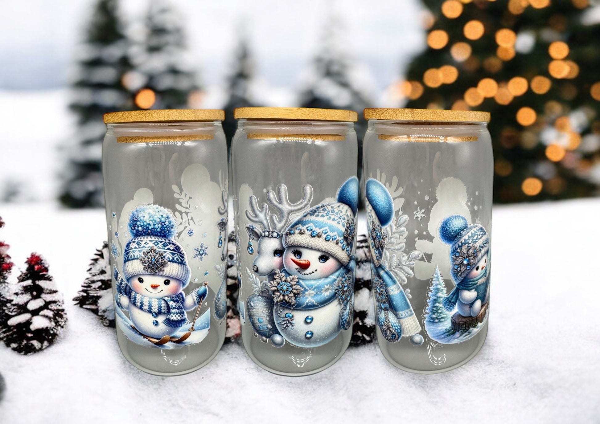 Trinkglas Schneemann 1 550ml mit Bambusdeckel und Trinkhalm UV-DTF Motiv von fks-design
