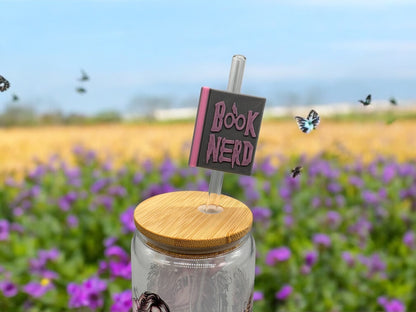 3D Druck Trinkhalm Topper Book Nerd grau-rosa - Strohhalm Deko PLA - fks-design
