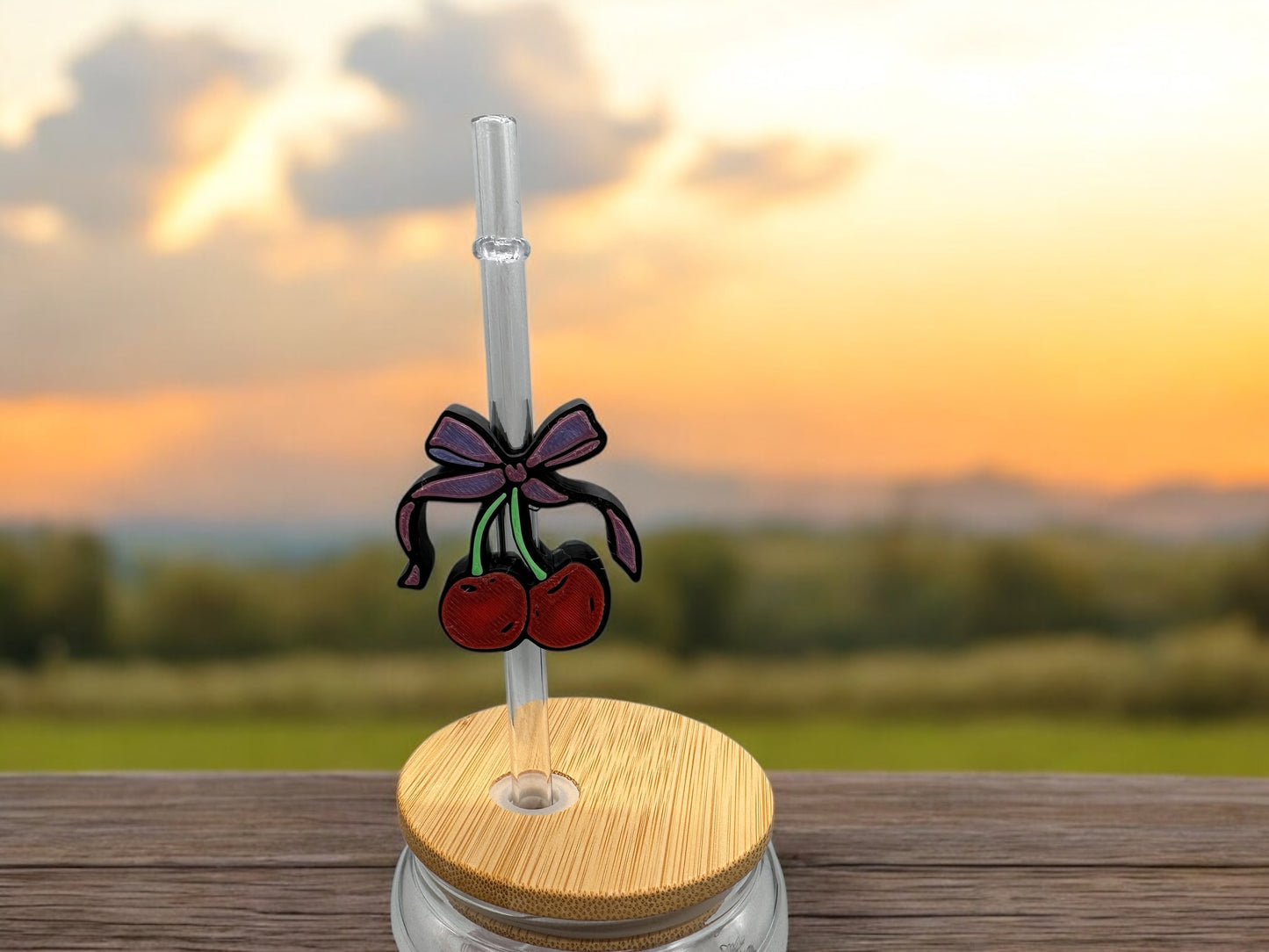3D Druck Trinkhalm Topper Kirschen mit Schleife - Strohhalm Deko PLA - fks-design
