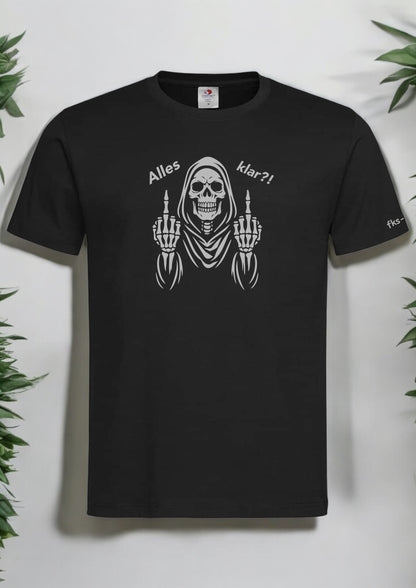 Unisex T-Shirt Skelett Mittelfinger Gothic Shirt Vorderseite von fks-design

