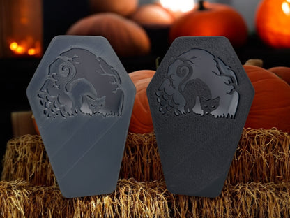 3D Druck!  Halloween Teelichthalter " Sarg mit Katze "!