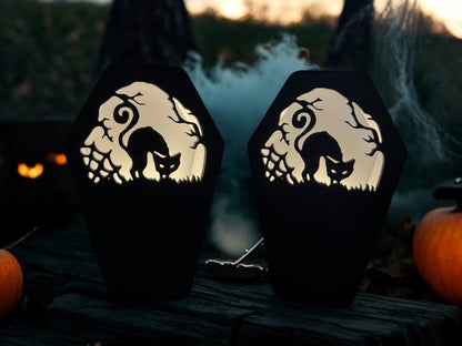 3D Druck!  Halloween Teelichthalter " Sarg mit Katze "!