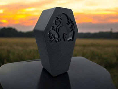 3D Druck!  Halloween Teelichthalter " Sarg mit Katze "!