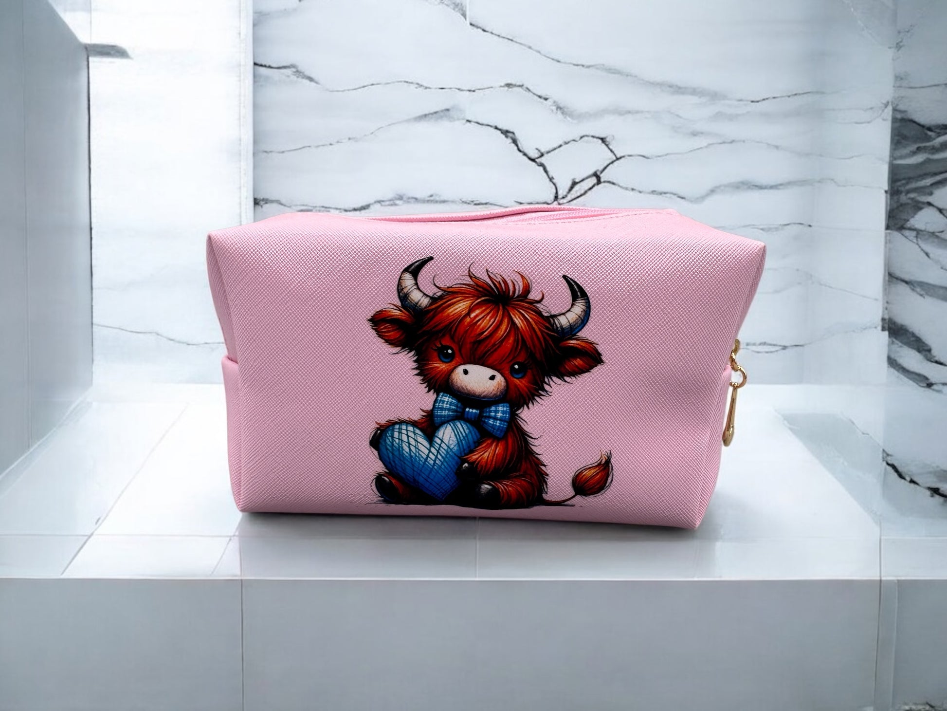 Kosmetiktasche Kuh mit blauem Herz - PU-Leder rosa Kuh-Motiv - fks-design
