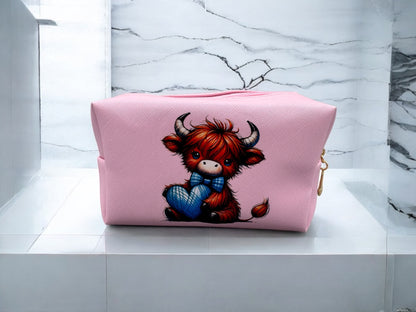 Kosmetiktasche Kuh mit blauem Herz - PU-Leder rosa Kuh-Motiv - fks-design
