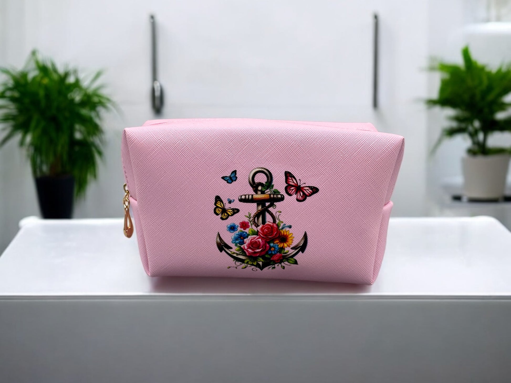 Kosmetiktasche Blumenanker mit Schmetterlingen - PU-Leder rosa - fks-design
