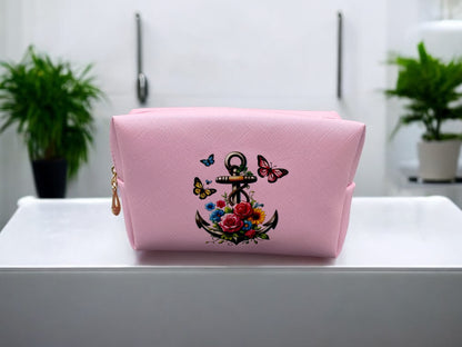 Kosmetiktasche Blumenanker mit Schmetterlingen - PU-Leder rosa - fks-design
