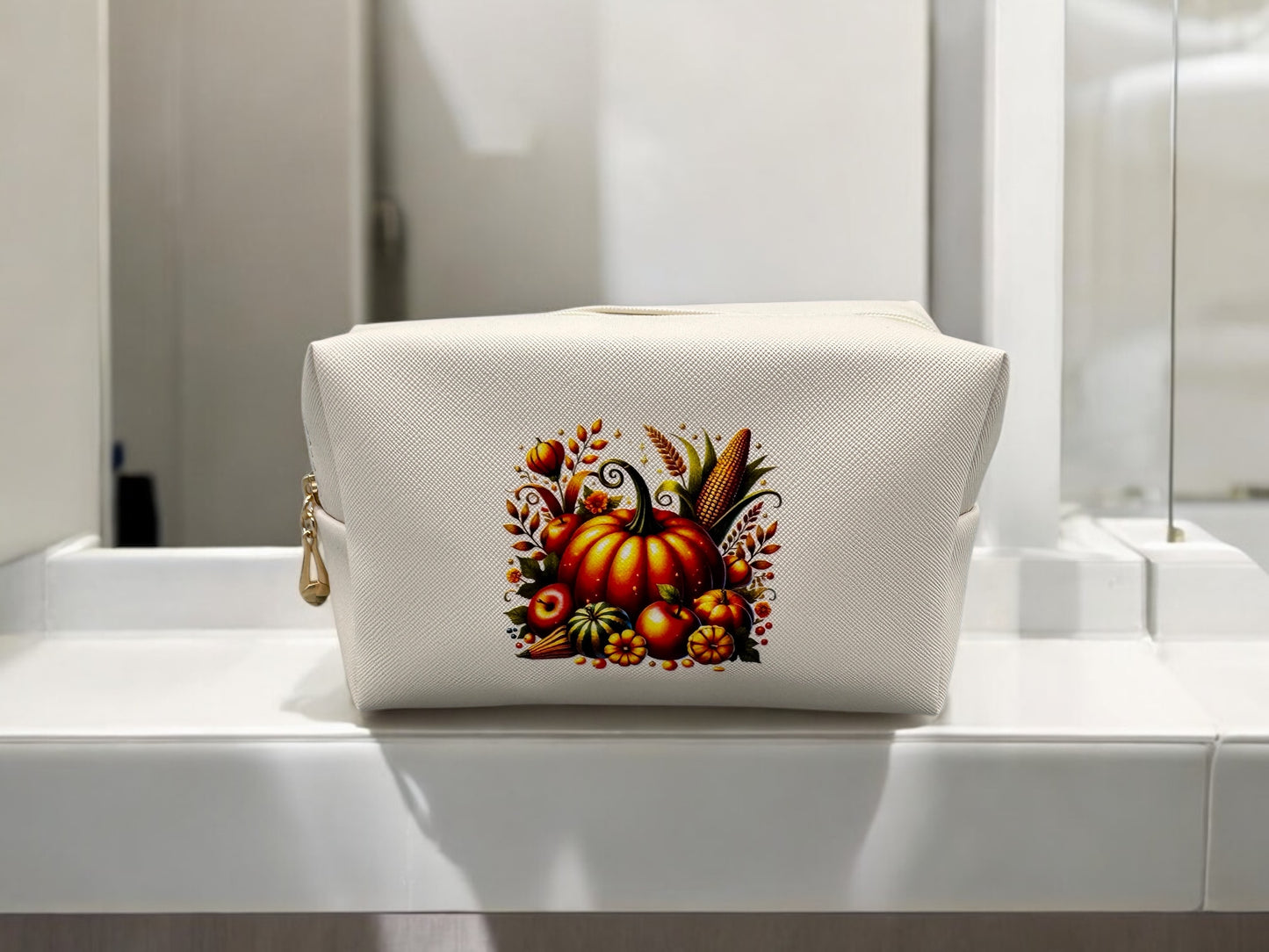 Kosmetiktasche Kürbis Idylle - PU-Leder creme Herbst-Motiv - fks-design
