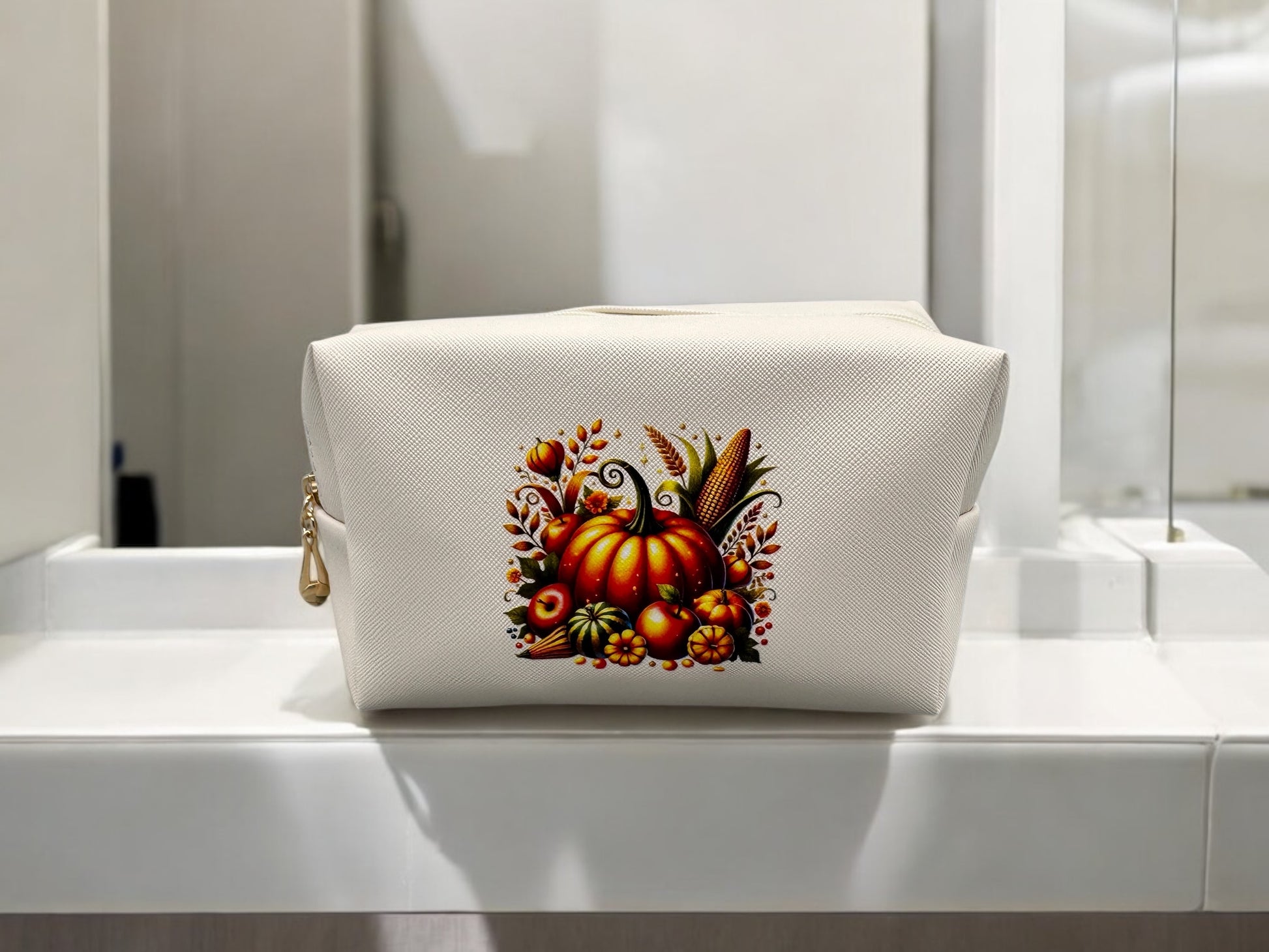 Kosmetiktasche Kürbis Idylle - PU-Leder creme Herbst-Motiv - fks-design
