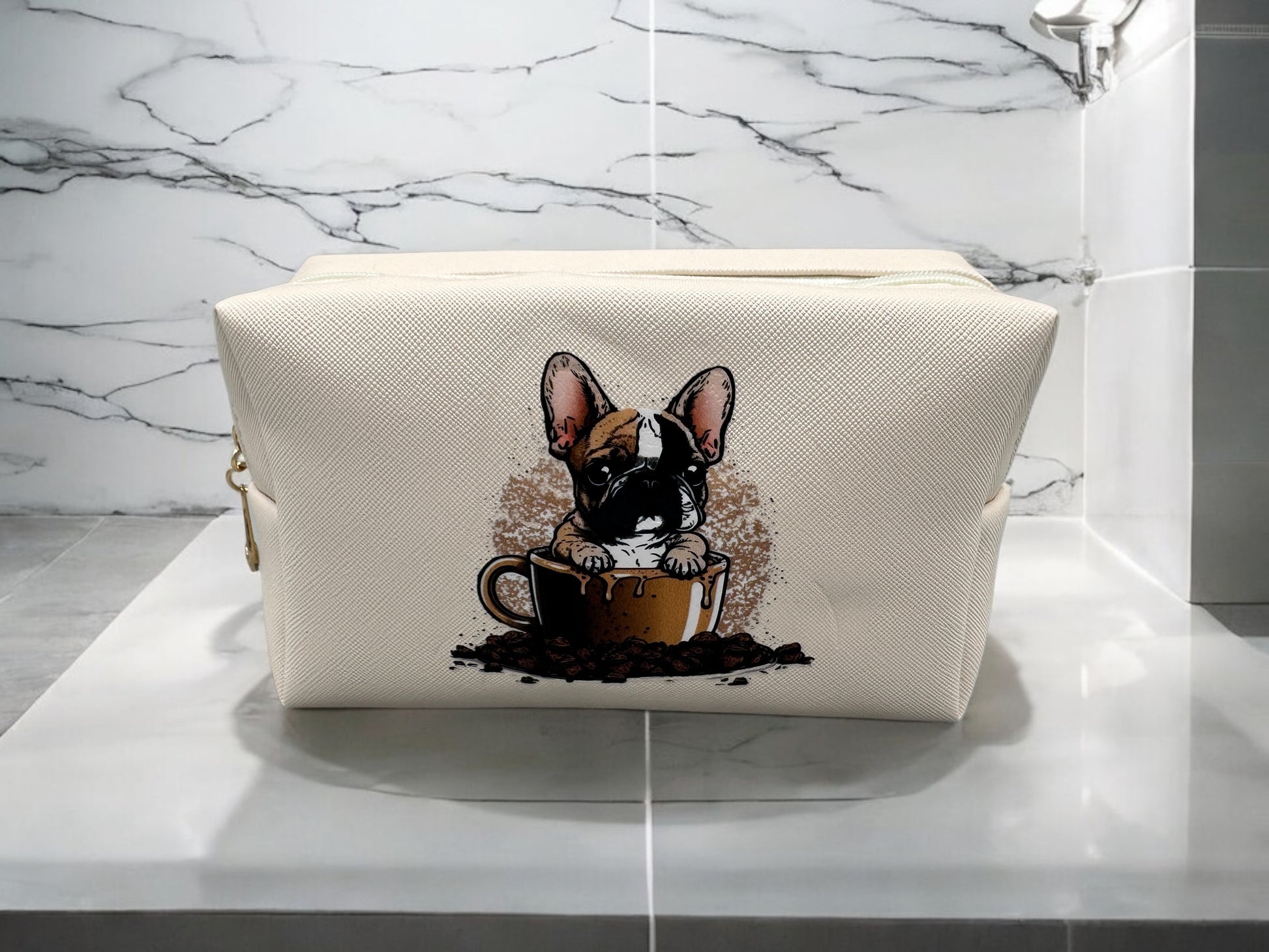 Kosmetiktasche Bulldogge in Tasse - PU-Leder creme - fks-design
