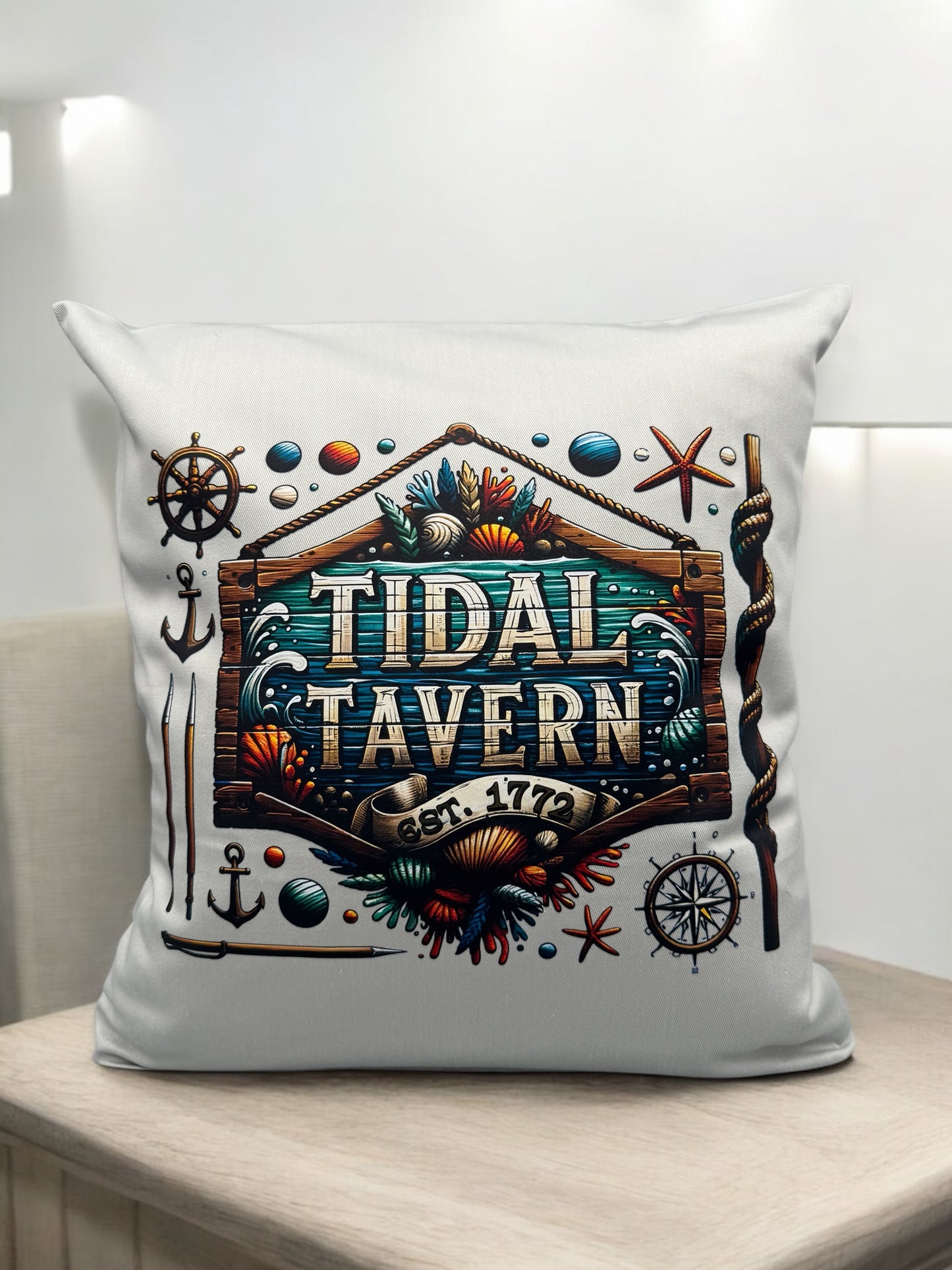 Kissenhülle Tidal Tavern 40x40 cm von fks-design - DTF Druck maritime Küsten-Deko
