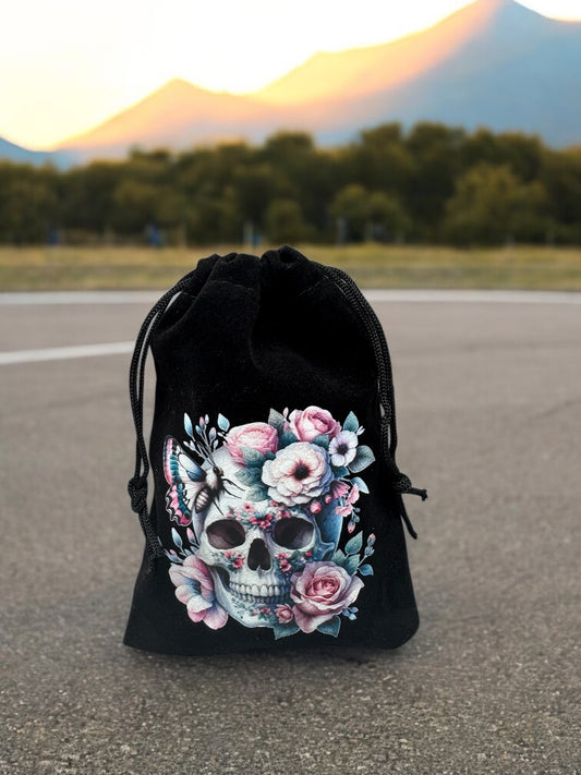 Samtbeutel " Flower Skull " mit Kordelzug! 10 x 15 cm