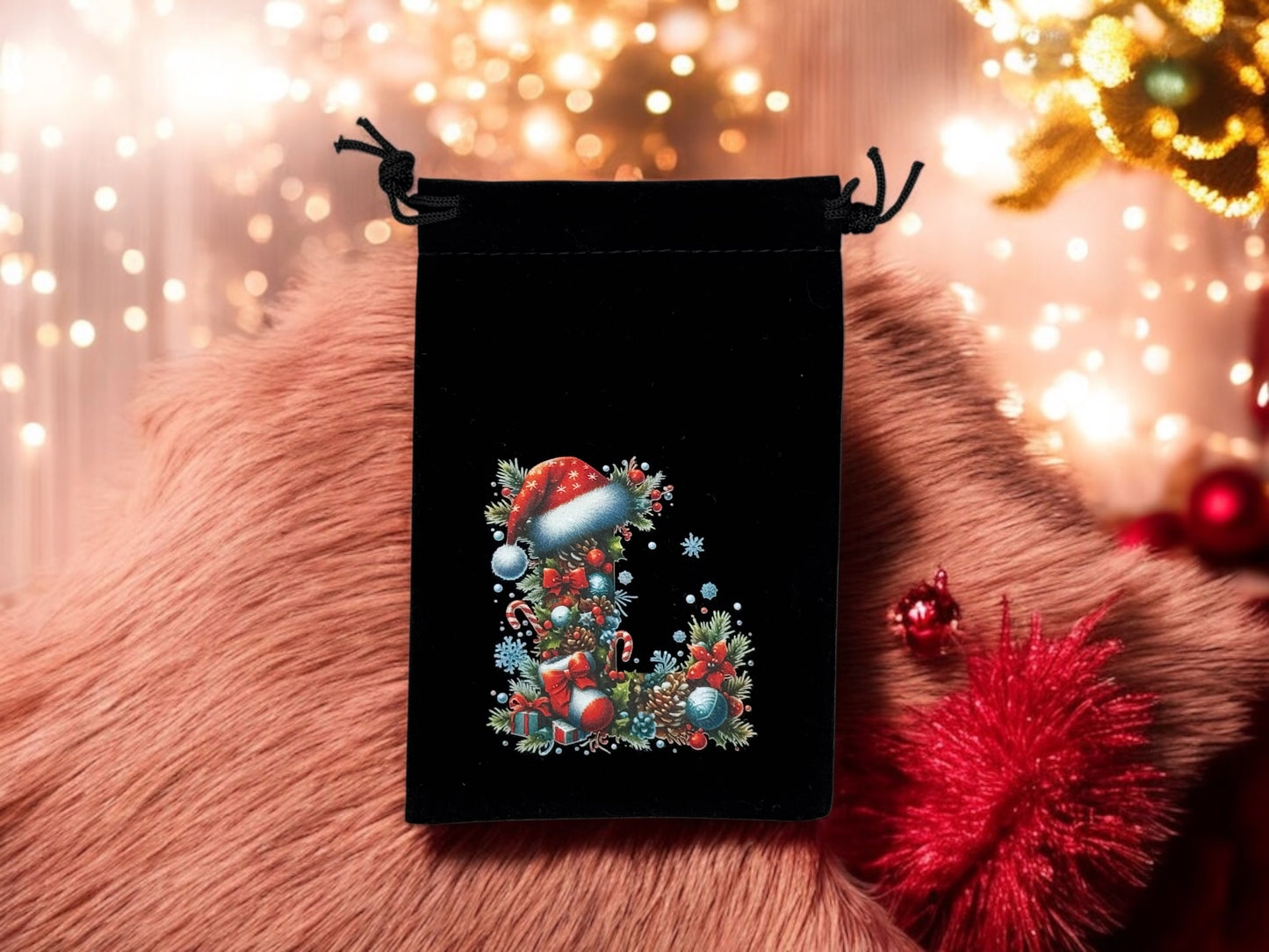 Samtbeutel " Christmas Buchstabe L " mit Kordelzug! 10 x 15 cm