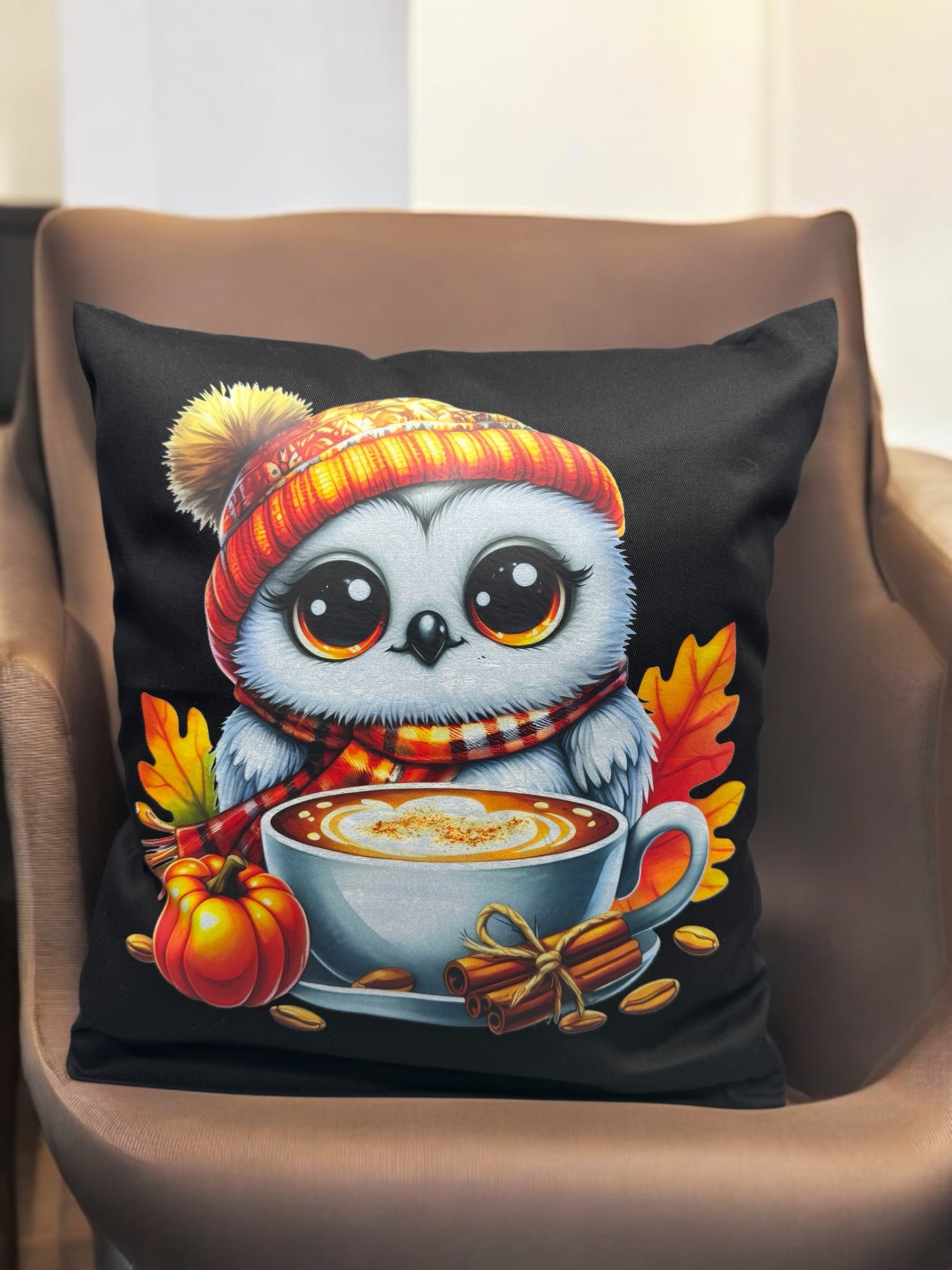 Kissenhülle Herbst Eule Coffee 40x40 cm von fks-design - DTF Druck gemütliche Herbst-Deko mit Kaffee-Motiv
