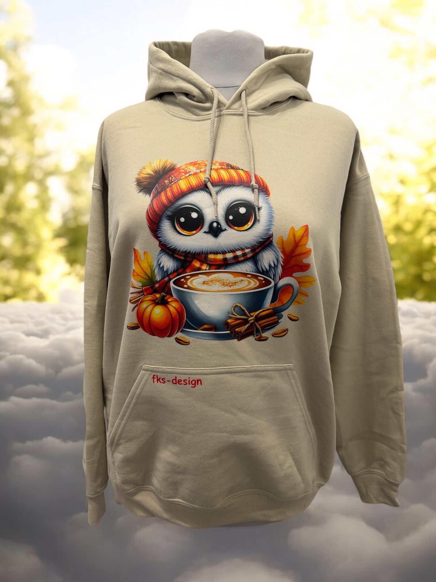 Unisex Hoodie Herbst Eule Coffee Gr. L sand mit DTF-Druck Vorderansicht von fks-design

