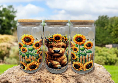 Trinkbecher Sonnenblumen Kuh mit Bambusdeckel und Trinkhalm UV-DTF Motiv 550ml von fks-design
