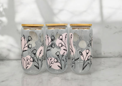 Trinkglas Linienblumen 550ml mit Bambusdeckel und