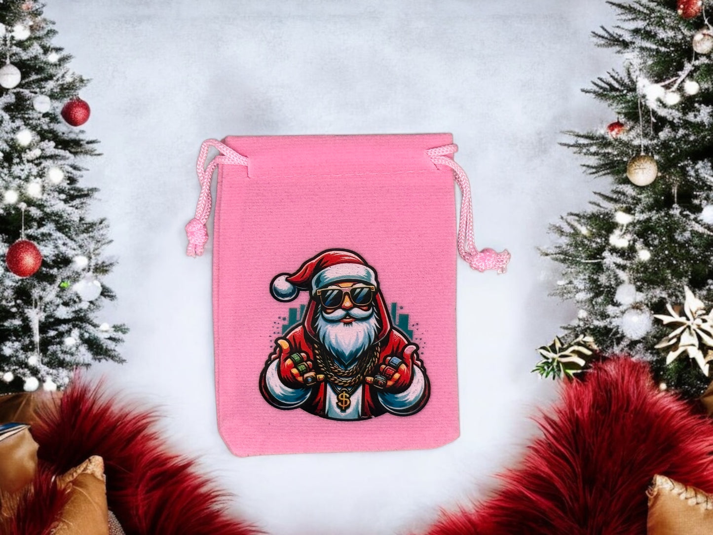 Samtbeutel " Cooler Weihnachtsmann " mit Kordelzug! 7 x 9 cm