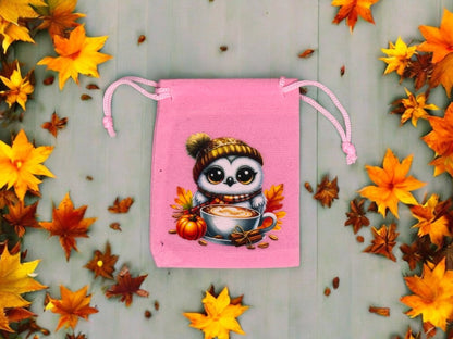 Samtbeutel " Herbst Eule Coffee " mit Kordelzug! 7 x 9 cm