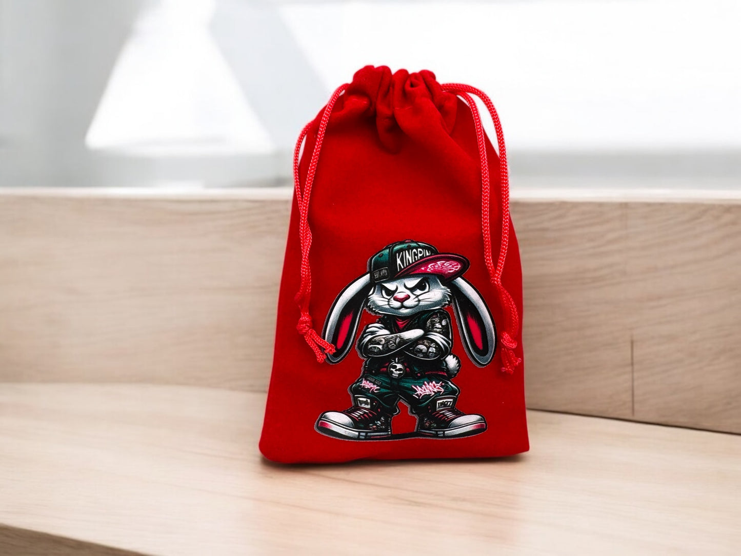 Samtbeutel Hip Hop Bunny in Rot mit Kordelzug und DTF-Druck 10x15 cm – Osterbeutel von fks-design
