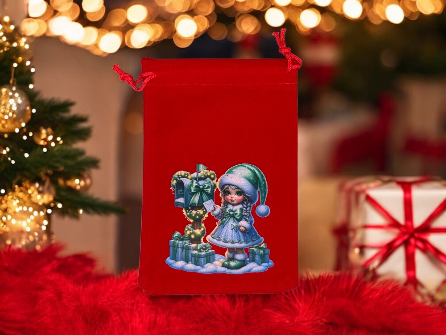 Samtbeutel " Weihnachts Gnomeline " mit Kordelzug! 10 x 15 cm