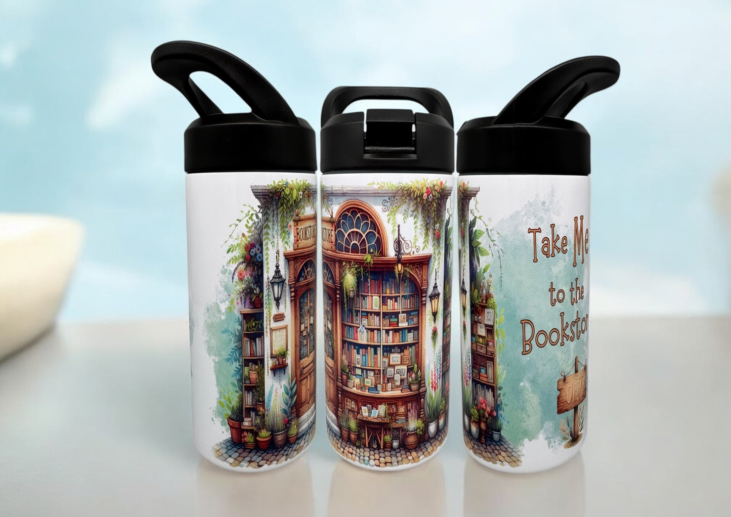 Edelstahl Thermo Trinkflasche Bookstore 450ml isoliert - fks-design
