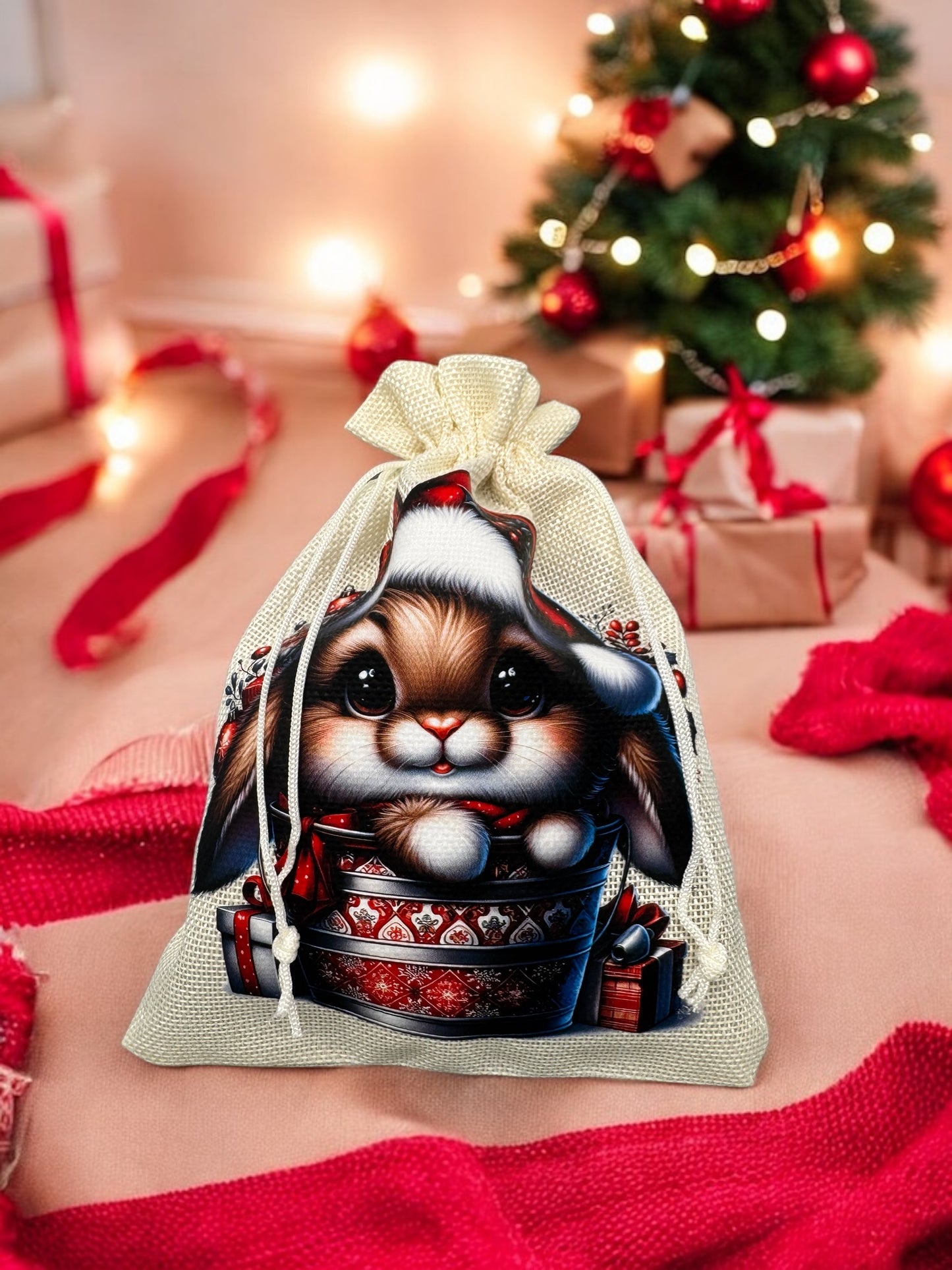 Jutebeutel " Weihnachtshase " mit Kordelzug! 17 x 22 cm!