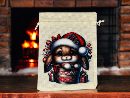 Jutebeutel " Weihnachtshase " mit Kordelzug! 17 x 22 cm!