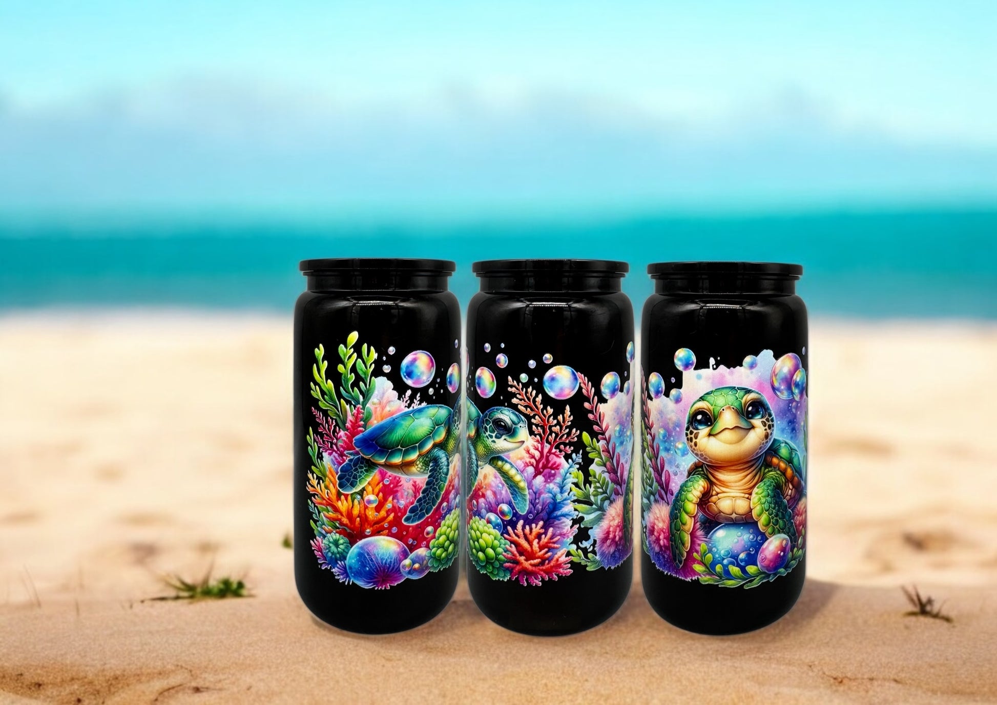 Trinkbecher Schildkröte 4 mit Deckel und Trinkhalm UV-DTF Motiv 550ml von fks-design

