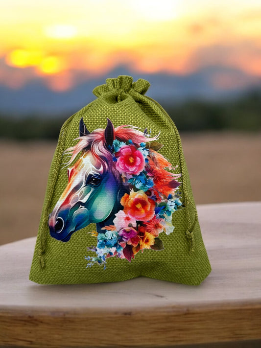 Jutebeutel " Blumiges Pferd " mit Kordelzug! 17 x 22 cm!