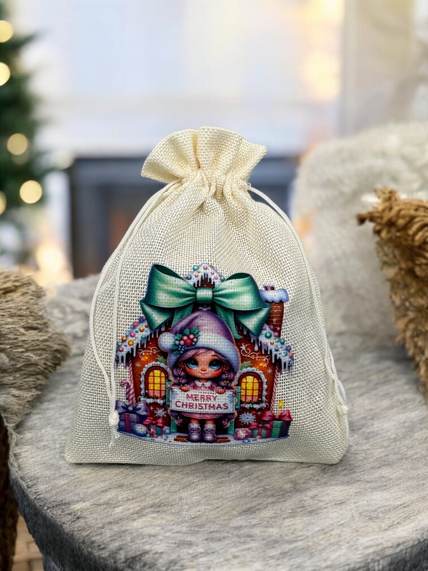 Jutebeutel " Merry Christmas Gnomeline " mit Kordelzug! 17 x 22 cm!