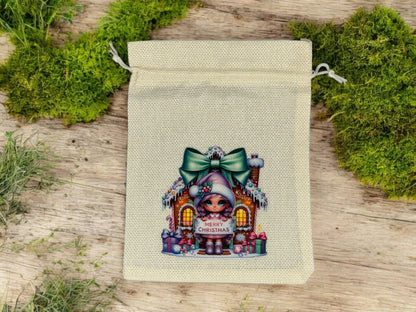 Jutebeutel " Merry Christmas Gnomeline " mit Kordelzug! 17 x 22 cm!