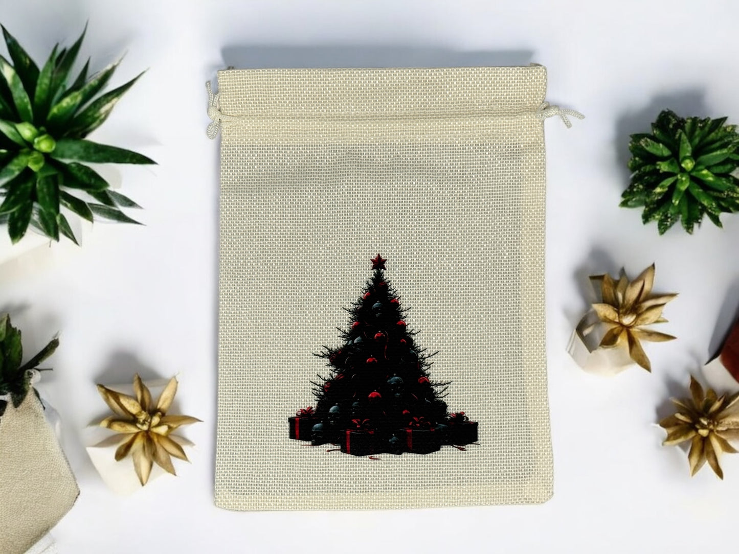 Jutebeutel " Gothic Weihnachtsbaum Skull " mit Kordelzug! 17 x 22 cm!