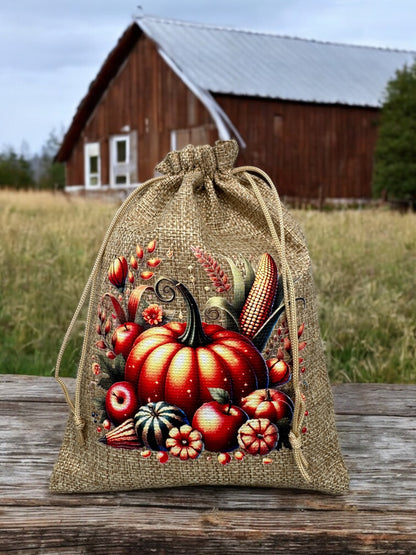 Jute Imitat Beutel " Herbst Idylle " mit Kordelzug! 14,5 x 19,5 cm!