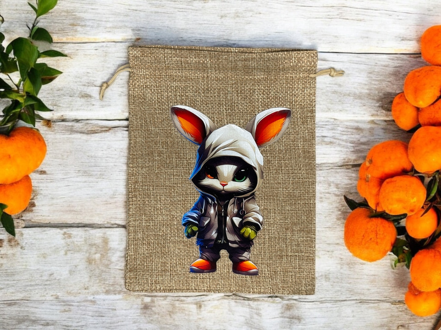 Jute-Imitat Beutel Gangster Bunny – Detailansicht DTF-Druck Motiv mit Kordelzug von fks-design
