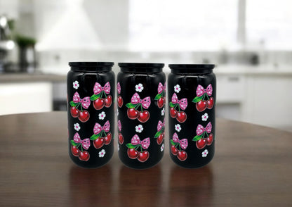 Trinkbecher Herz Kirschen mit Deckel und Trinkhalm UV-DTF Motiv 550ml von fks-design

