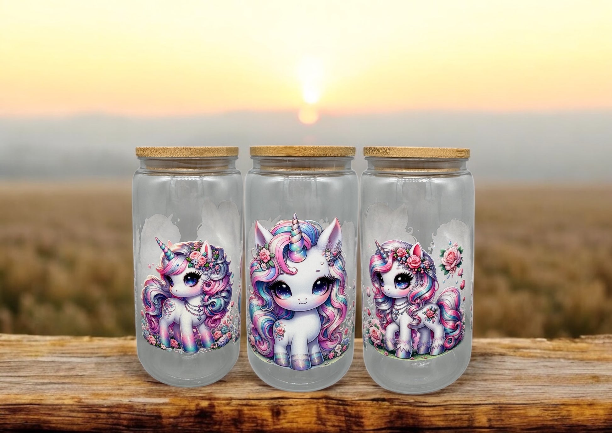 Trinkbecher Weißes Einhorn mit Bambusdeckel und Trinkhalm UV-DTF Motiv 550ml von fks-design
